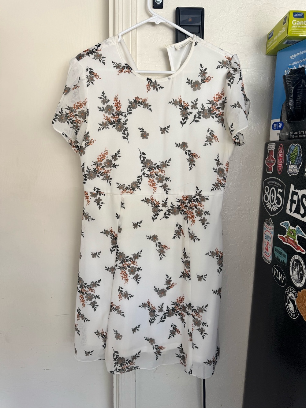 orange creek White Floral Mini Dress with Brown & Green Print